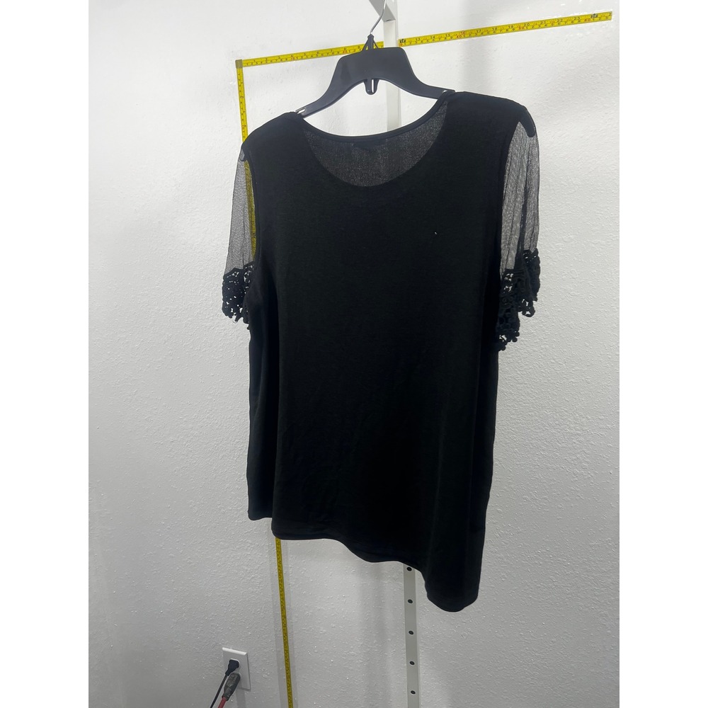 Storybuk Womens Black Knit Top Sheer Mesh Lace Crochet Short‎ Sleeve Size Large